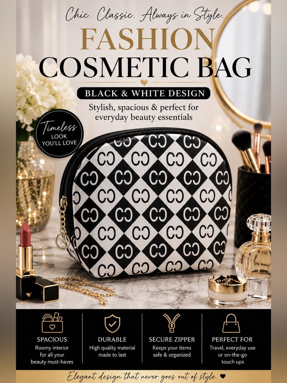 FASHION Black & White Geometric Cosmetic Bag - Timeless Travel Pouch